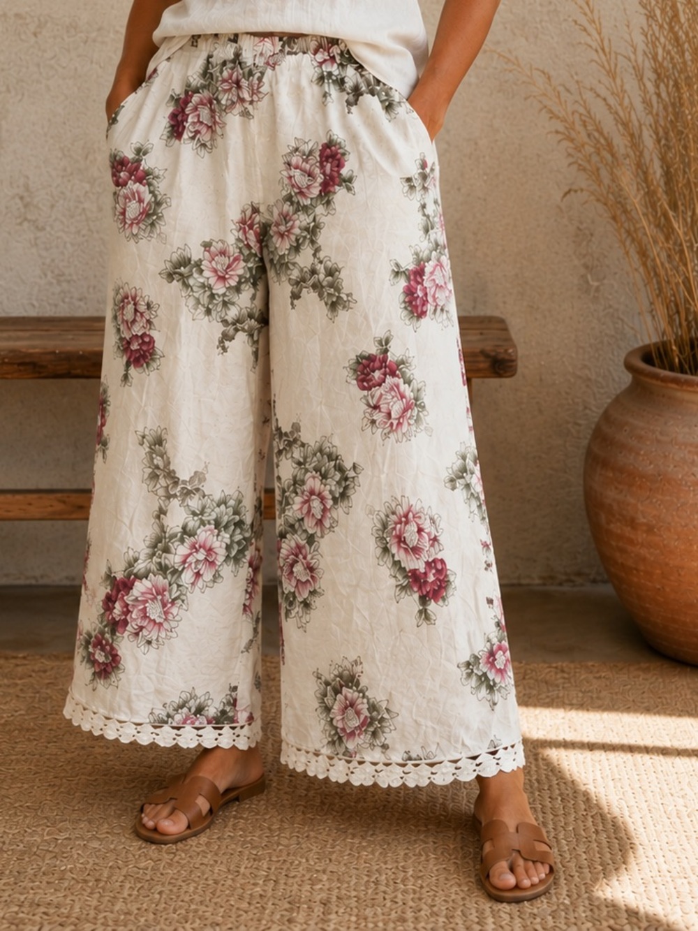 Made in Italy Floral Wide-Leg Linen Pants in Ivory